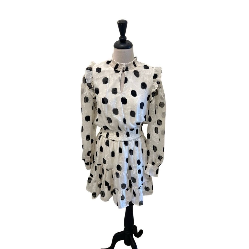Habit Long Sleeve Polka Dot Smocked Waist Tiered Mini Dress White Black Medium